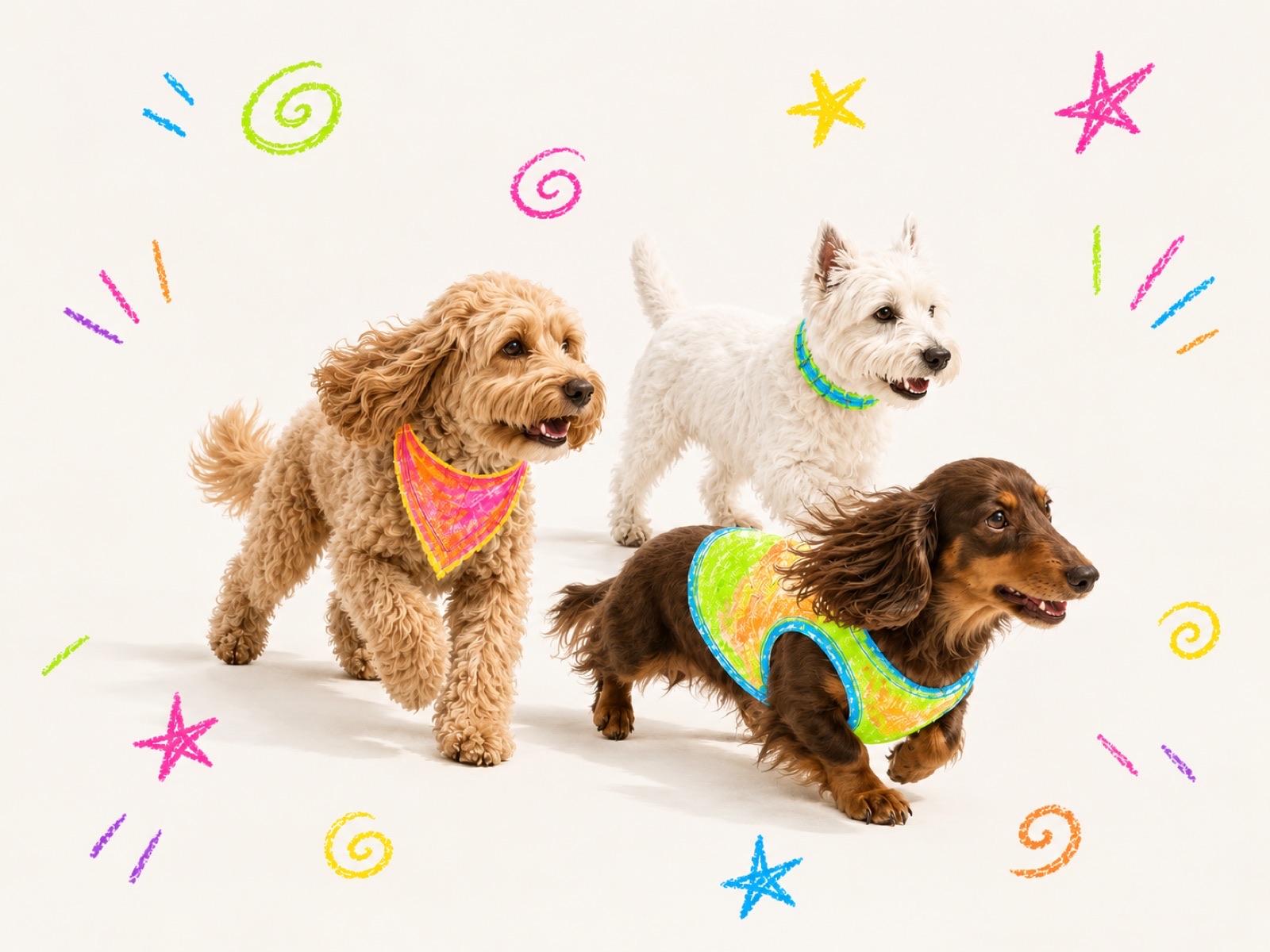 Tres perros con pañuelo y arnés de colores, caminando juntos